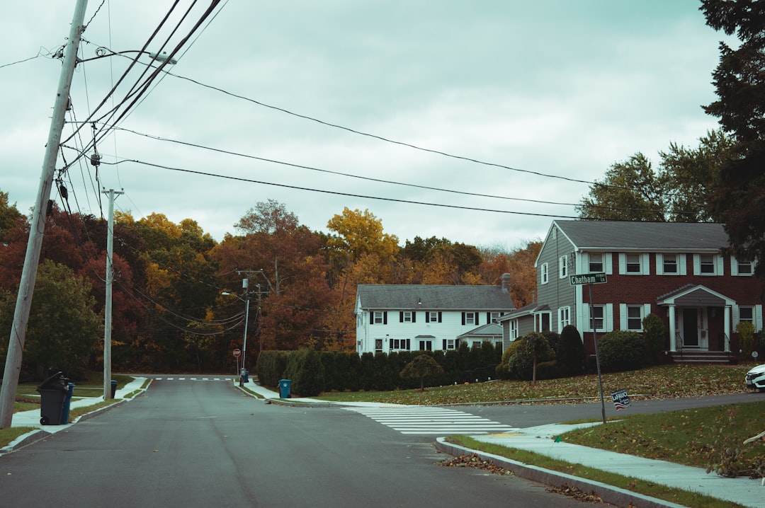 A pristine, modern suburban street with identical houses, representing a community governed by a Homeowners Association whose health is being questioned.